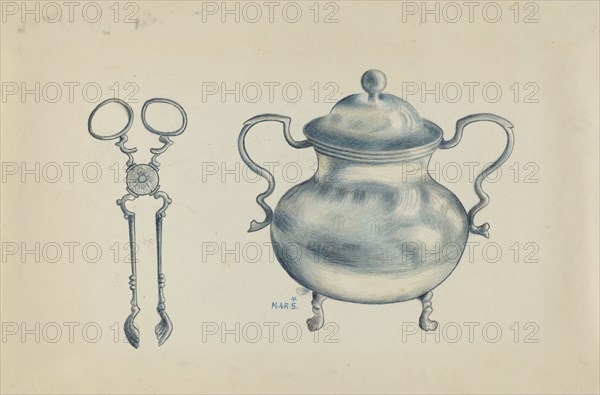 Silver Sugar Bowl and Tongs, c. 1936.