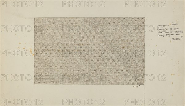 Coverlet, c. 1936. (Note on image: "Honeycomb Linen, woven on our own loom in Frederick County, Maryland. 1850").