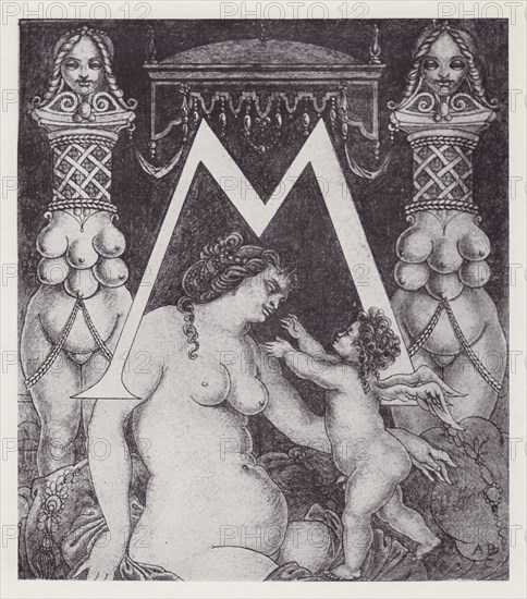 Initial Letter M (Venus) to Volpone, 1898. Creator: Aubrey Beardsley.