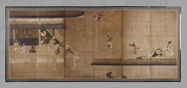 Six-fold screen depicting acrobats performing before a rich household, early - mid-17th century. Creator: Unknown.