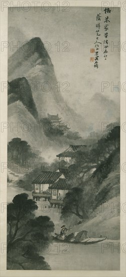 Mountain landscape with a figure in a boat, August - November 1904. Creator: Wu Qingyun.