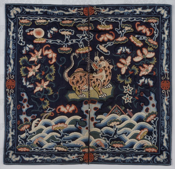 Rank badge of a military official of the fourth rank, with tiger, bats, and flowers, 19th century. Creator: Unknown.