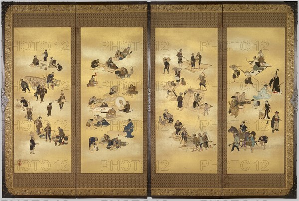 Screen depicting the four classes of Edo Japan, c. 1893 ; Meiji Period (1868 - 1912). Creator: Seppo.