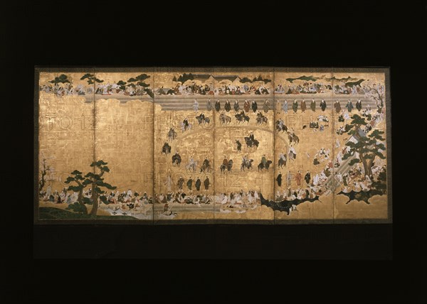 Six-fold screen depicting a military dog-chasing game, 17th century (1601 - 1700). Creator: Unknown.