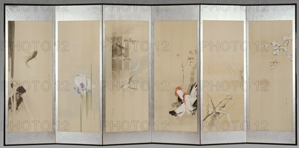 Six-fold screen depicting creatures and flowers of the twelve months, 1900. Creator: Watanabe Seitei.