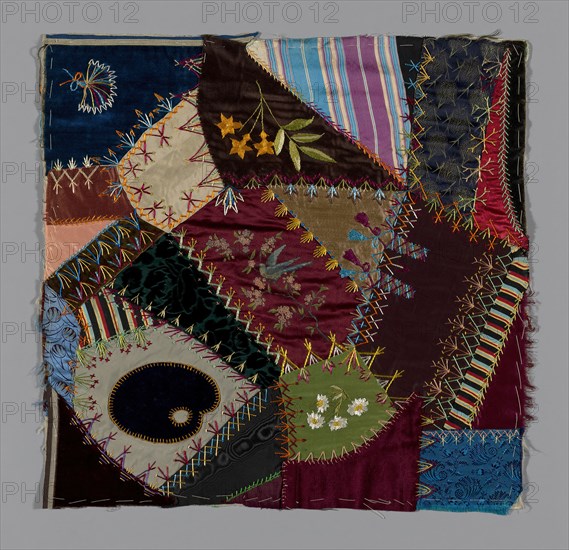 Fragment from Bedcover (Crazy Quilt Block), United States, 1884. Creator: Unknown.