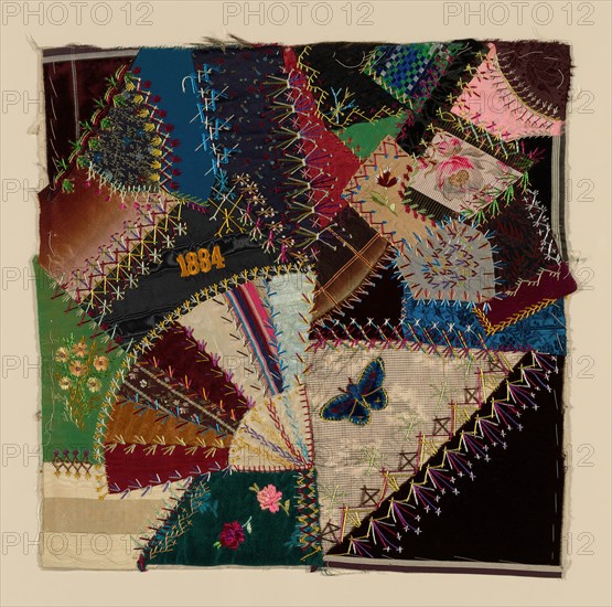 Fragment from Bedcover (Crazy Quilt Block), United States, 1884. Creator: Unknown.