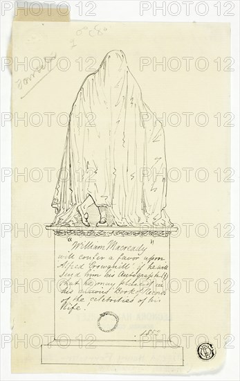 Visiting Card with Draped Monument, Artist's Inscription, 1852. Creator: Alfred Crowquill.