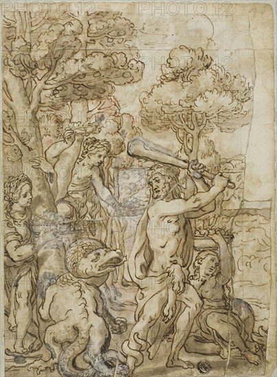 Hercules Slaying the Serpent Ladon in the Garden of the Hesperides, n.d. Creator: Andrea Lilio.