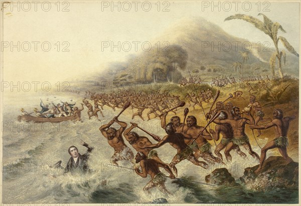 The Massacre of the Lamented Missionary the Rev. J. Williams and Mr. Harris, 1841. Creator: George Baxter.