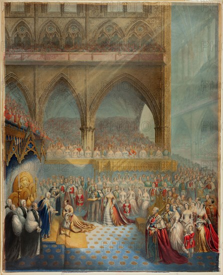 Her Most Gracious Majesty Queen Victoria Receiving the Sacrament at her Coronation, n.d. Creator: George Baxter.