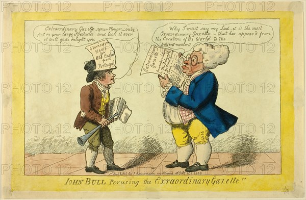 John Bull Perusing the Extraordinary Gazette, published October 10, 1808. Creator: Isaac Cruikshank.