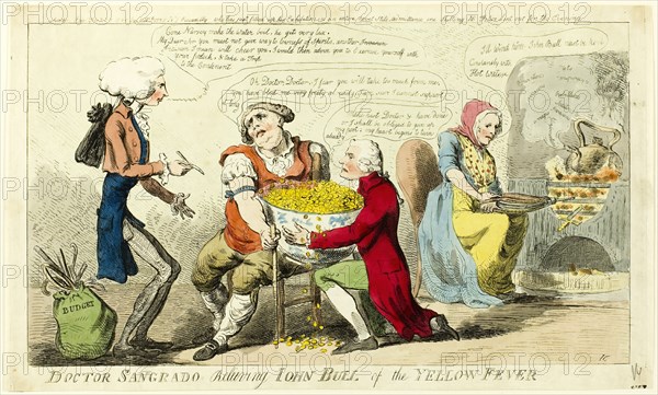 Dr. Sangrado Relieving John Bull of Yellow Fever, published February 25, 1795. Creator: Isaac Cruikshank.