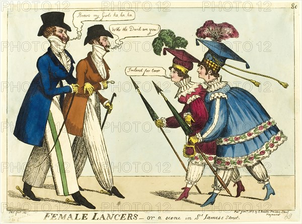 Female Lancers - or A Scene in St. James's Street, published January, 1819. Creator: Isaac Robert Cruikshank.