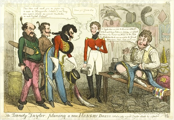 The Dandy Tailor, Planing a New Hungry Dress, published May 15, 1819. Creator: Isaac Robert Cruikshank.