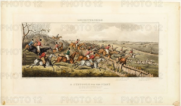 A Struggle for the Start, plate one from The Leicestershire Hunt, published 1825. Creator: John Dean Paul.