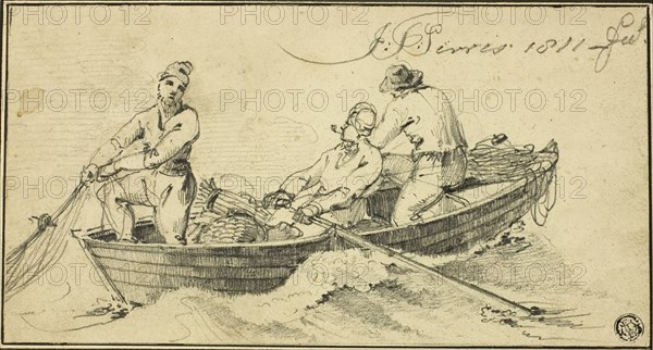 Three Fisherman in a Boat, 1811. Creator: John Thomas Serres.