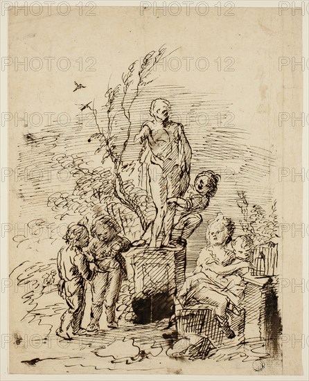 Children Playing near Statue in Garden, 1714/39. Creator: John Vanderbank.