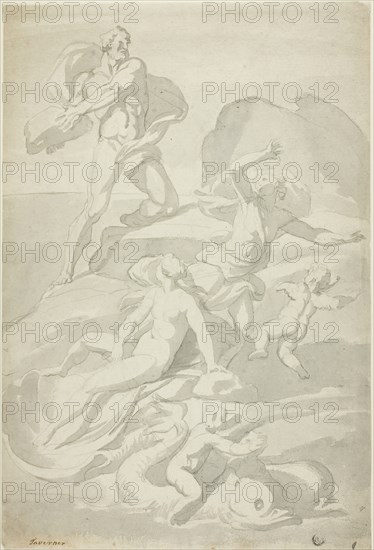 Polyphemus Throwing Boulder at Acis, with Galatea (recto), and Pholyphemus Lifting Boulder (verso). Creator: William Taverner.