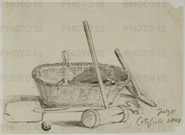 Wicker Basket, Mallet, Shovel, Pick, 1808/47. Creator: Joshua Cristall.