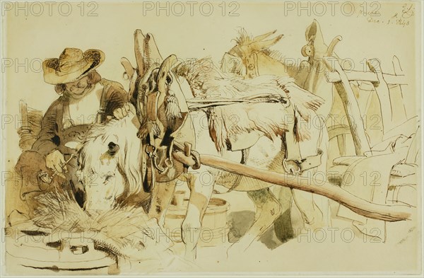 A Farmer Feeding his Pony in Geneva (recto); Seated Friar (verso), 1840 (recto); c. 1840 (verso). Creator: Edwin Henry Landseer.
