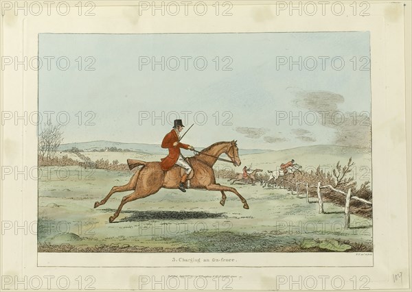 Charging an Ox-fence, plate three from Indispensable Accomplishments, published June 24, 1811. Creator: Robert Frankland.