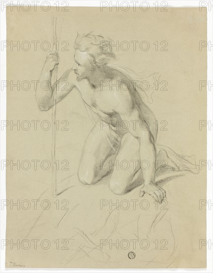 Nude Man Kneeling, Holding Staff (recto); Alpine Panorama (verso), n.d. Creator: Thomas Uwins.