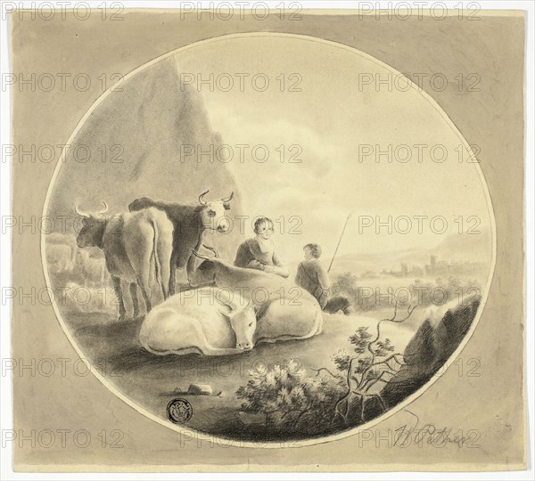 Herdsmen, Cows and Sheep in Landscape, n.d. Creator: William Pether.