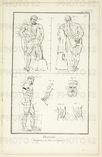 Design: Proportions of the Farnese Hercules, from Encyclopédie, 1762/77. Creator: Benoit-Louis Prevost.