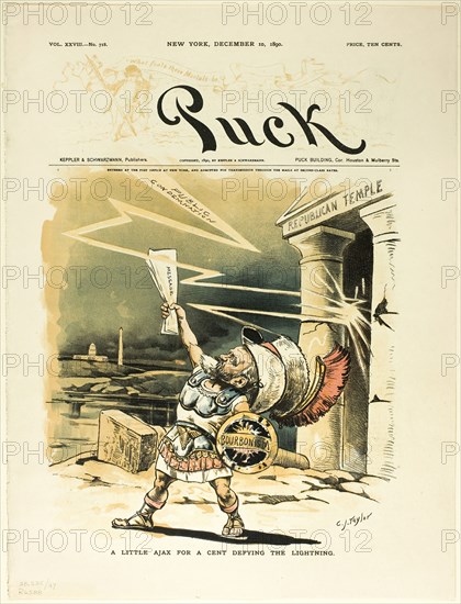 A Little Ajax for a Cent Defying the Lightning, from Puck, published December 10, 1890. Creator: Charles Jay Taylor.