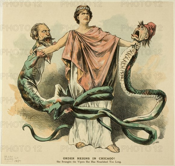 Order Reigns in Chicago!, from Puck, published April 18, 1887. Creator: Charles Jay Taylor.