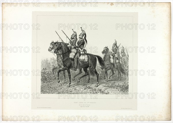 11th dragoons advance guard, from Souvenirs d’Italie: Expédition de Rome, 1854. Creator: Auguste Raffet.