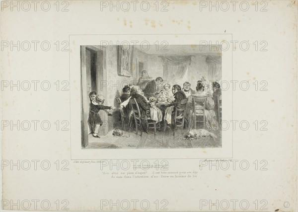 The Dessert: My eldest is full of spirit!...he is very advanced for his age...I intend to ..., 1837. Creator: Auguste Raffet.
