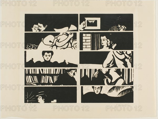 Cancellation sheet, fragments of ten woodblocks from Intimacies, 1898. Creator: Félix Vallotton.