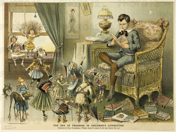 The Era of Progress in Children's Literature, from Puck, c. 1886. Creator: Frederick Burr Opper.