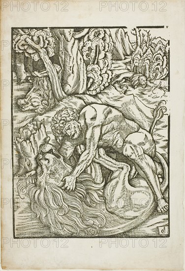 Hercules Strangling the Nemean Lion, from the Labors of Hercules, c. 1528. Creator: Gabriel Salmon.