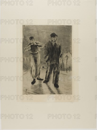Plate from l'Assommoir (two boys on gaslit street), 1878. Creator: Gaston la Touche.