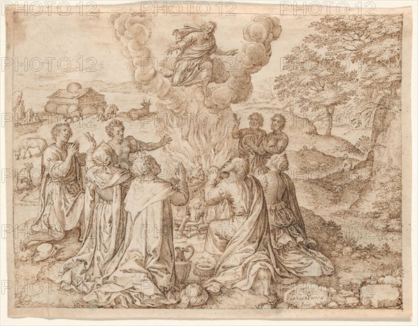 Noah's Sacrifice, plate IX from The Creation and Early History of Man, 1606. Creator: Jan Wierix.