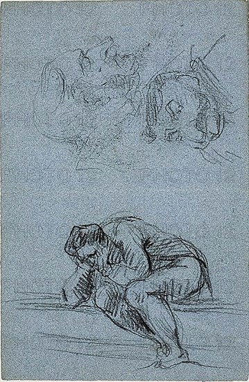 Seated Figure with Head in Hands and Two Caricatures (recto); Four Figures in a Lunet..., 1847/1875. Creator: Jean-Baptiste Carpeaux.
