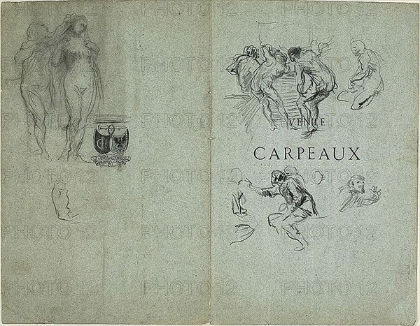 Sketch of Nude Woman Having Her Hair Groomed and Groups of Figures (recto); Sketches of..., 1847/75. Creator: Jean-Baptiste Carpeaux.