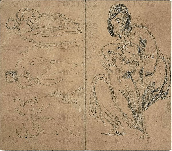 Sketches: Four Figures and Seated Mother and Child (recto); Seate..., 1860 (recto); 1847/75 (verso). Creator: Jean-Baptiste Carpeaux.