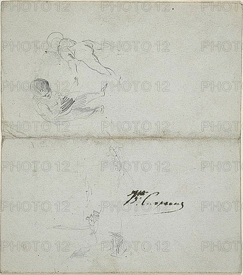 Sketches of Two Children, Boats at Sea (recto); Sketches of Striding Male Figure Holdin..., 1847/75. Creator: Jean-Baptiste Carpeaux.