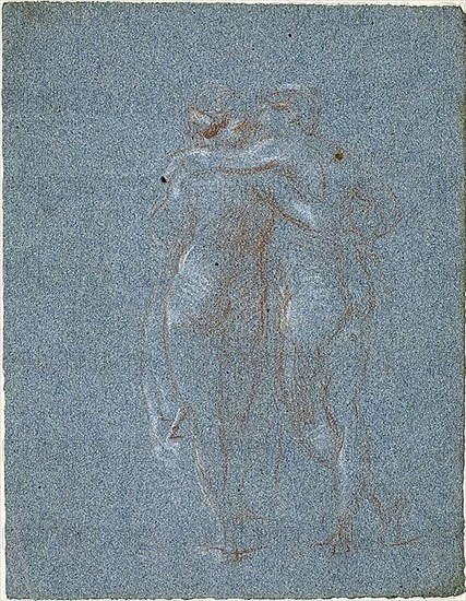 Two Standing Figures, Embracing (recto); Man with Scythe and Sketches of Buildings (verso), 1847/75. Creator: Jean-Baptiste Carpeaux.