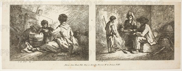 Children with a Dog and Sheep and Peasant Family by a Fire, n.d. Creator: Jean Baptiste Marie Huet.