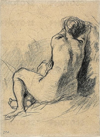 Study: Nude Woman Seen from the Back (recto) Sketches of Peasants Working (verso), c. 1846. Creator: Jean Francois Millet.