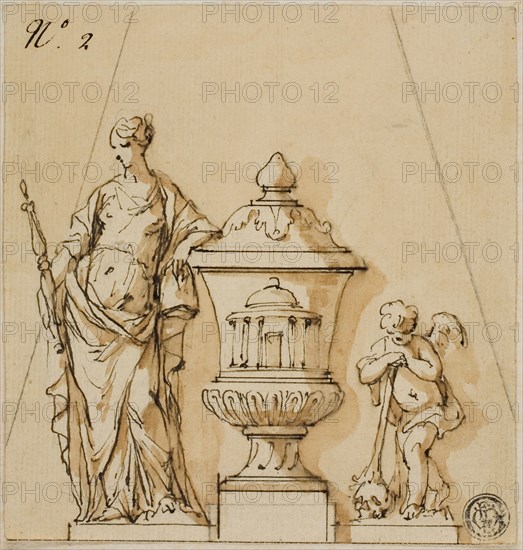 Design for a Funerary Monument with Fate, Urn, Putto, n.d. Creators: John Michael Rysbrack, Sir James Thornhill.