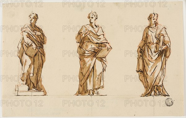 Three Studies for Statue of John Locke, c. 1754. Creators: John Michael Rysbrack, Sir James Thornhill.