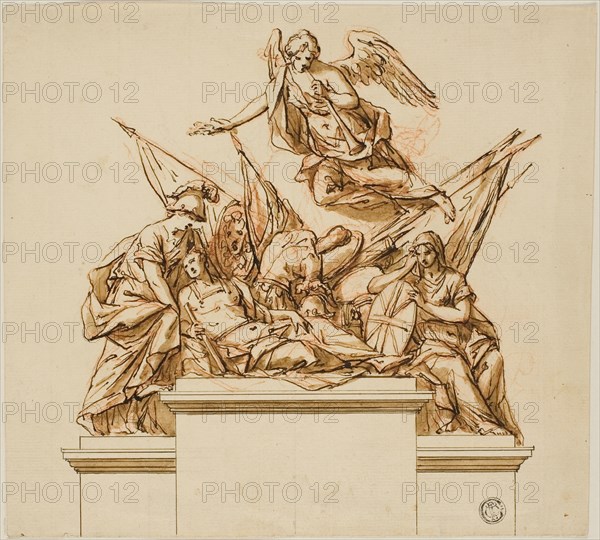 Warrior Accompanied by Britannia, Minerva, and Fame (recto); D..., c. 1733 (recto); c. 1740 (verso). Creators: John Michael Rysbrack, Richard Wilson.