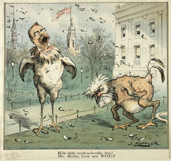 Kik-kik-cock-a-doodle doo! Mr. Kelly, how are YOU?, from Puck, published November 12, 1884. Creator: Joseph Keppler.