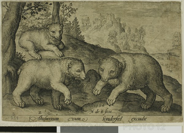Three Bears, plate ten from Four-Legged Animals, 1594. Creator: Nicolaes de Bruyn.